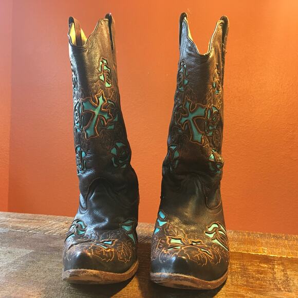 Corral Womens Boots 10 M Antique Brown Turquoise Saddle Rose Cross Inlay Western - Picture 5 of 13